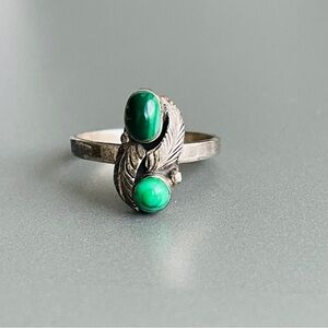 Native American Malachite Feather Sterling Vintage Navajo Pinky/ Knuckle Ring